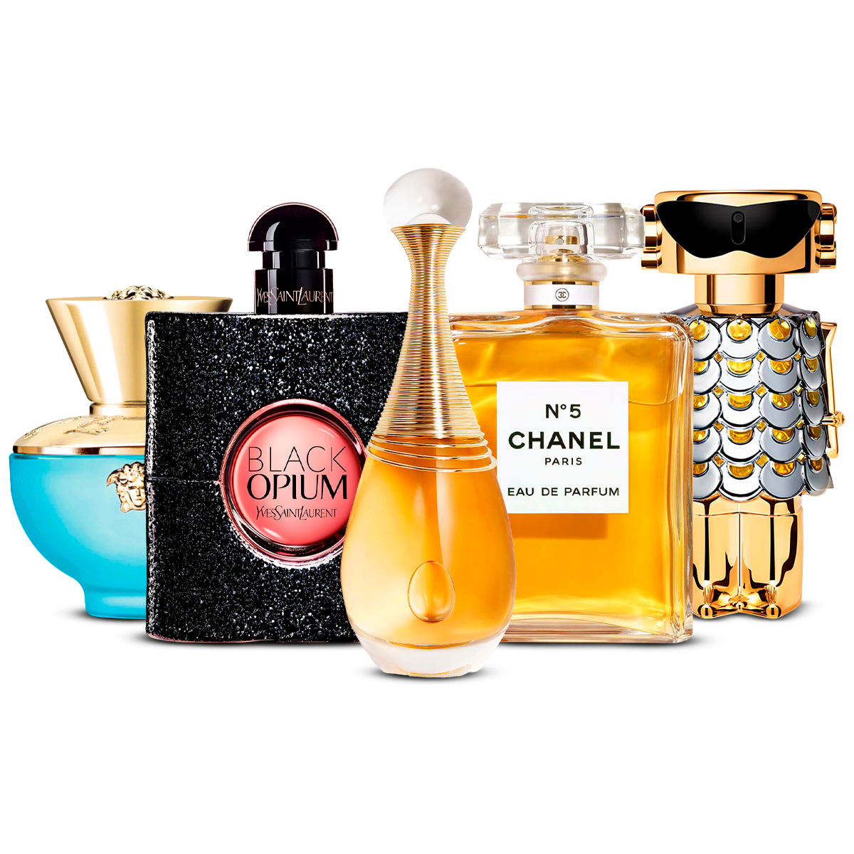 Zestaw 5 Perfum – Versace Dylan Turquoise, Black Opium, J'adore, Chanel Nº5 i Fame [100 ml každý]